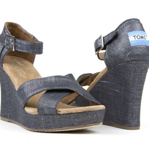 TOMS Sienna Metallic Blue Strappy Wedge Sandal 8.5 - Picture 1 of 6